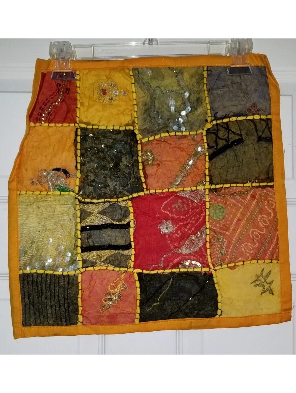 HAND BEADED EMBELLISHED INDIA WALL ART TAPESTRY PATCHWORK SQUARE 16